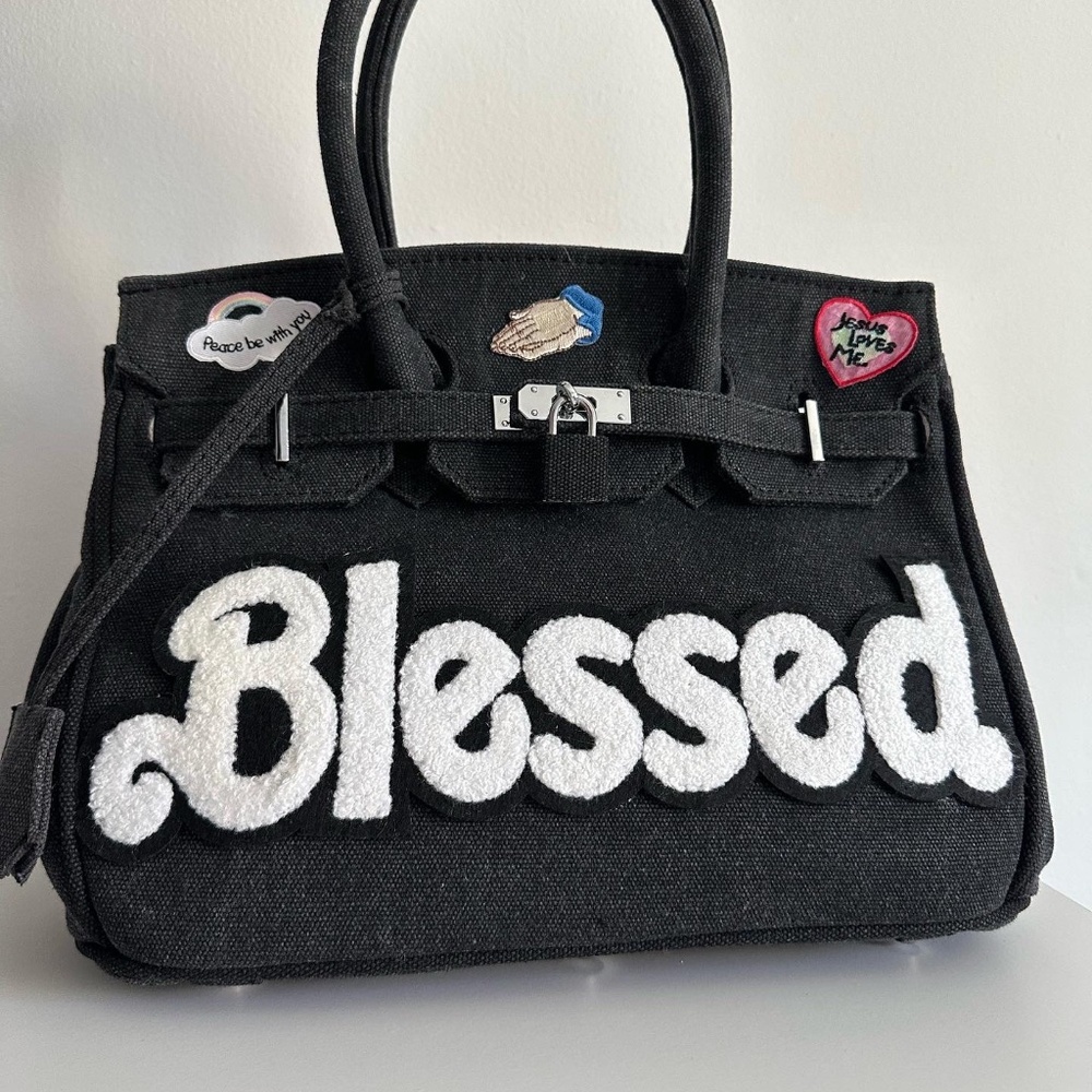 Black Canvas Tote Handbag – “Blessed” Appliqué with Patches 30CM
